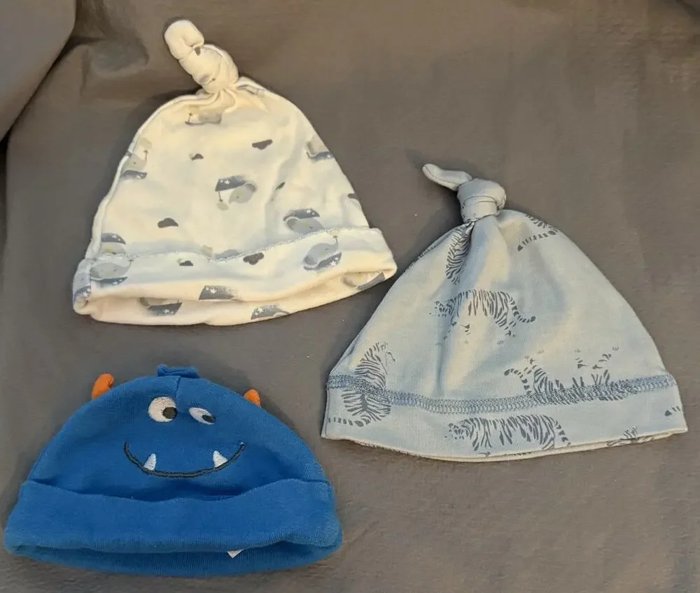 Lot/3 Carter’s, Luxe Threads Baby Boys Beanie Caps Hats—Monster, Tiger, Elephant